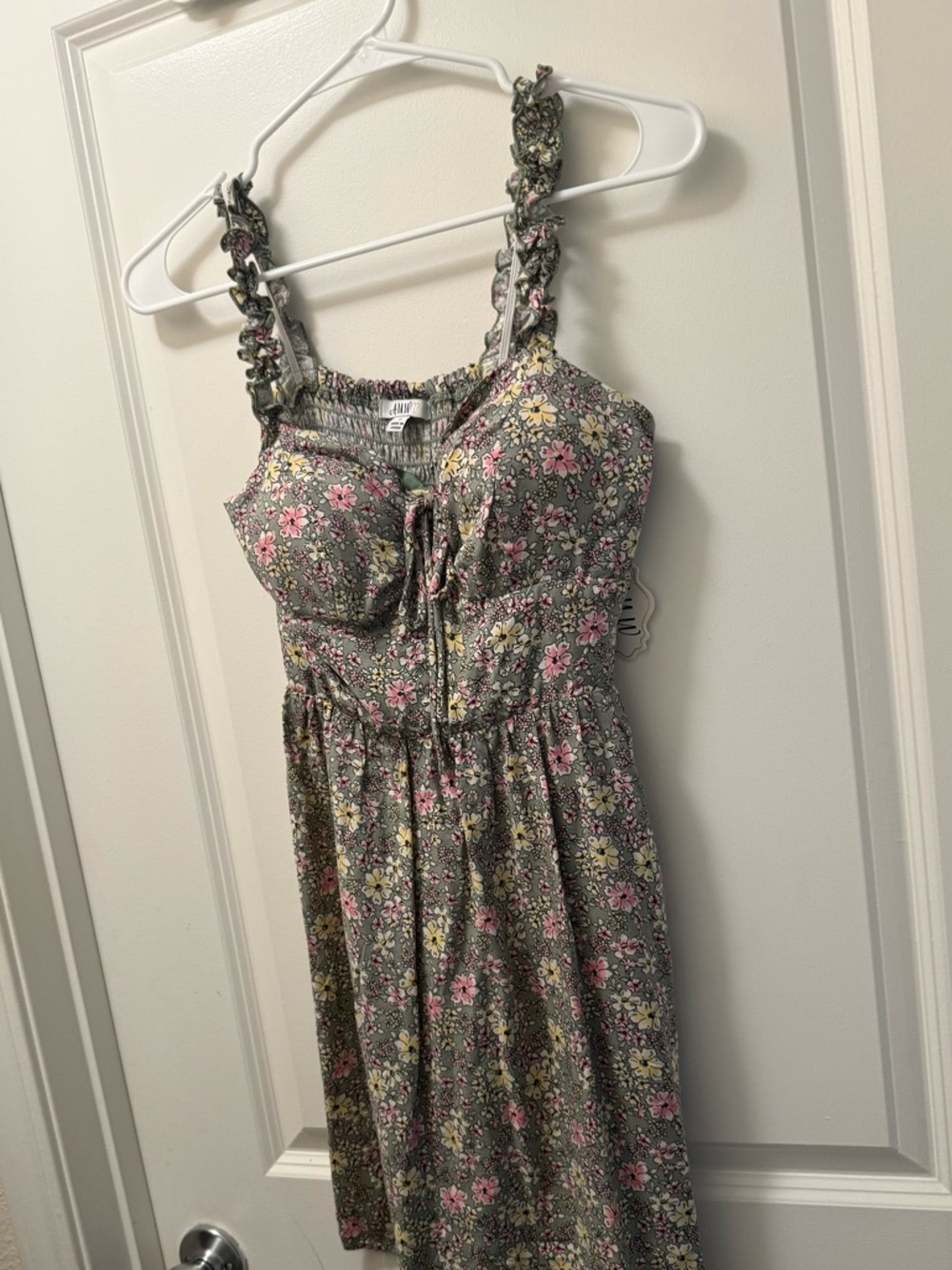 AUW Floral Mini Dress in Gray with Pink and Yellow Flowers